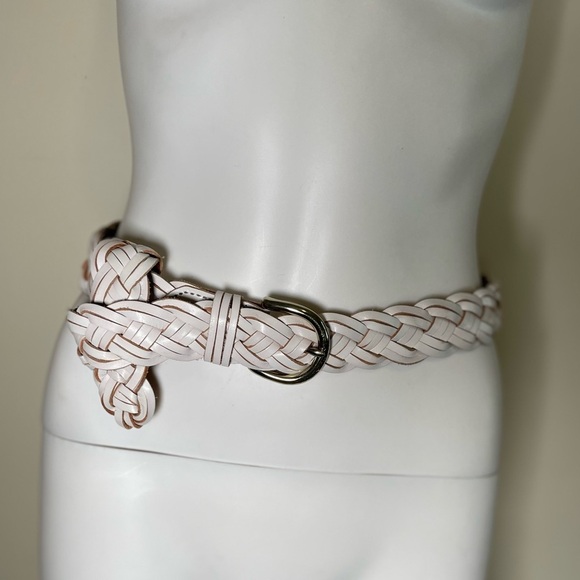 J Crew Wide Braided Leather Belt white with WOMENS SZ XS/S Brass Buckle BOHO - Picture 2 of 12